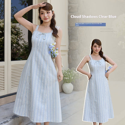 Korean Style Elegant Lace Bow Striped Suspender Skirt Summer Plump Girls Plus Size